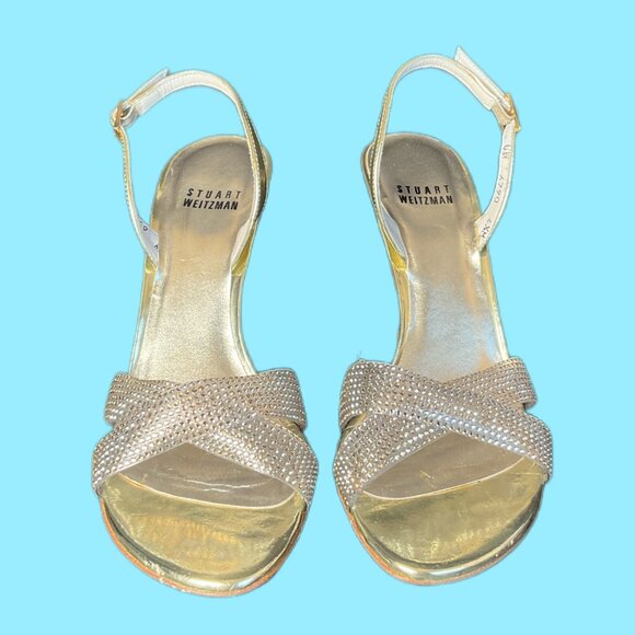 Stuart Weitzman Women's Rhinestone Embellished Gold Heeled Sandals - Picture 1 of 4